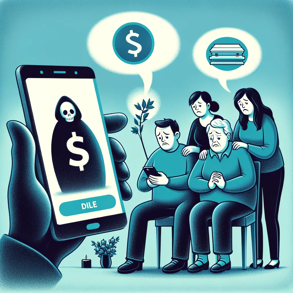 An illustration showing a grieving family looking at a phone with a speech bubble showing a dollar sign, representing a scammer demanding more payment