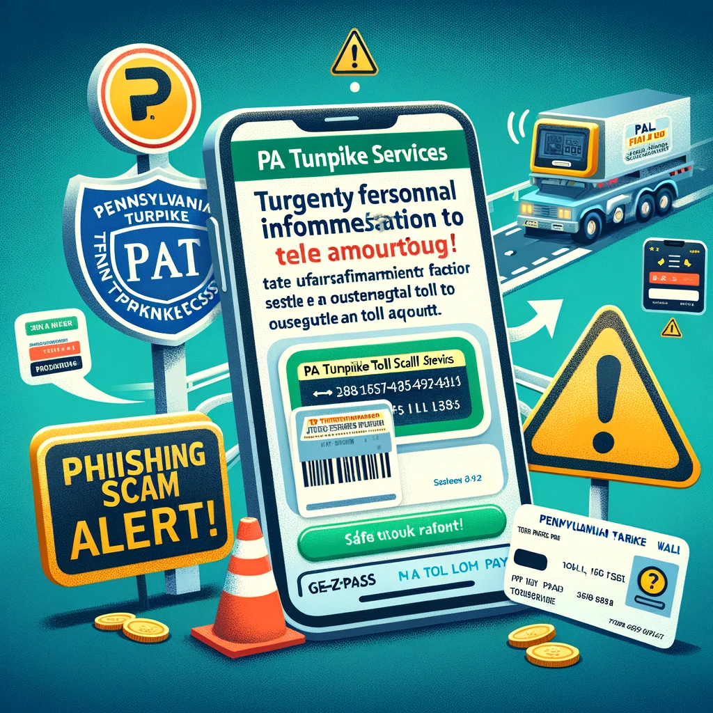 a smartphone with a fraudulent text message claiming to be from 'PA Turnpike Toll Services,' a warning sign with 'Phishing Scam Alert,' and icons representing the PA Turnpike E-ZPass website and the PA Toll Pay app.