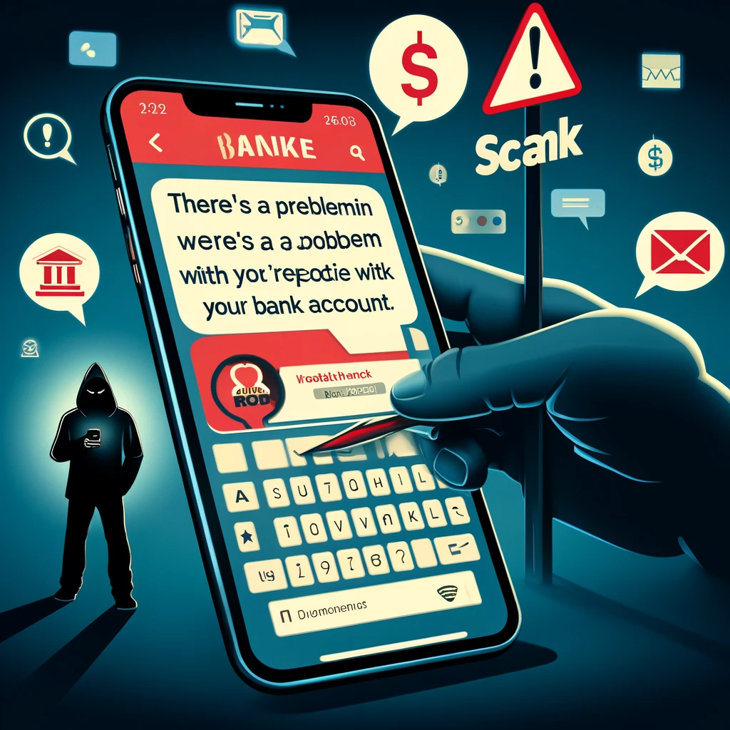 smartphone with a fraudulent text message, a shadowy figure representing the scammer, and a fake banking website, highlighting the dangers of phishing scams targeting West Michigan residents.