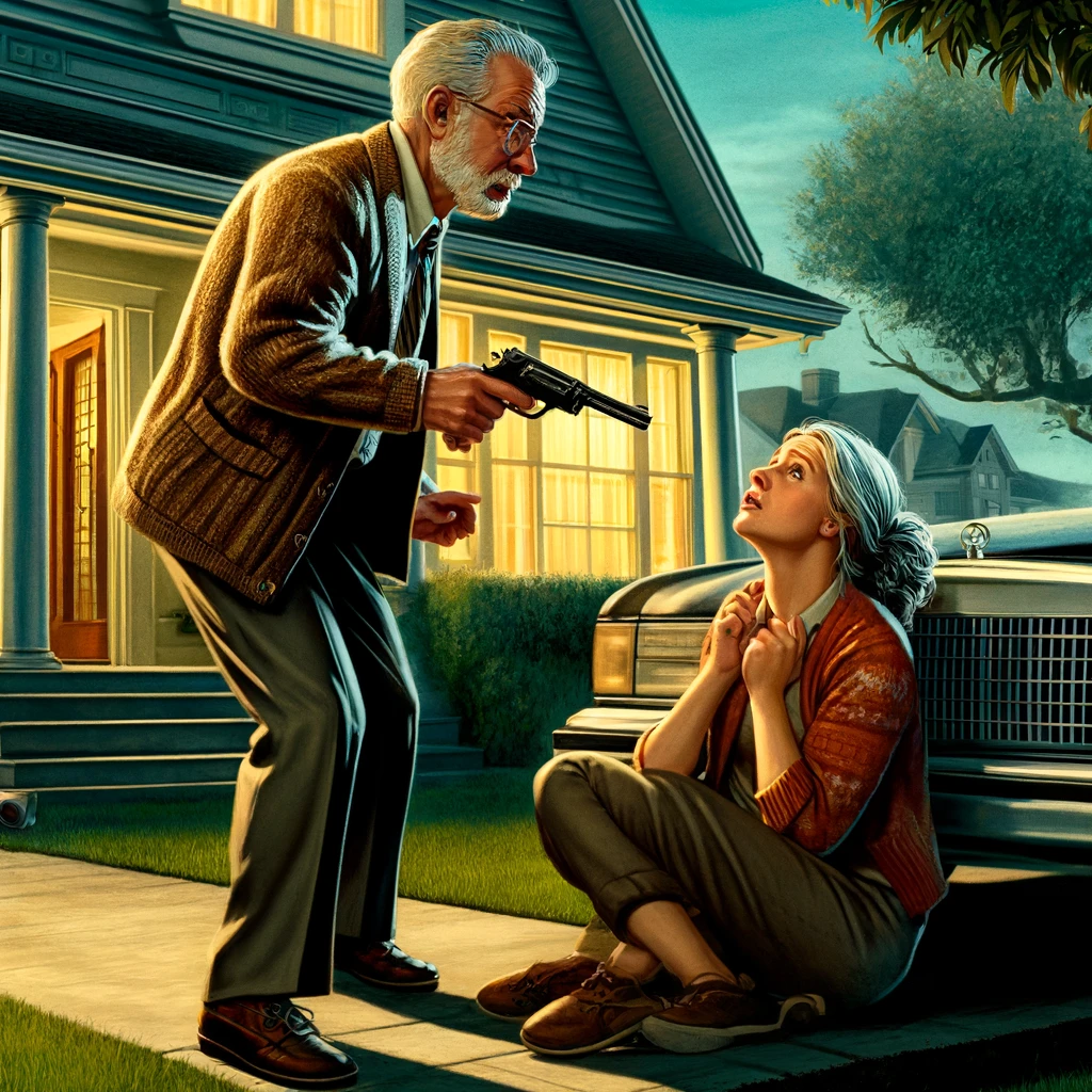 The first image captures a dramatic confrontation between an elderly man and a middle-aged woman in a suburban setting, illustrating the tense moment of misunderstanding where the man, appearing confused and frightened, points a gun at the distressed woman trying to retreat.