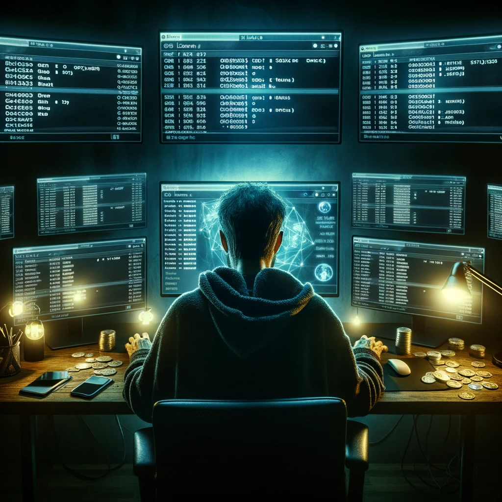 image, depicting a crypto scammer in a dark room as he targets victims by comparing their wallet addresses with altered ones he has created. This scene captures the eerie and deceptive nature of the scam.