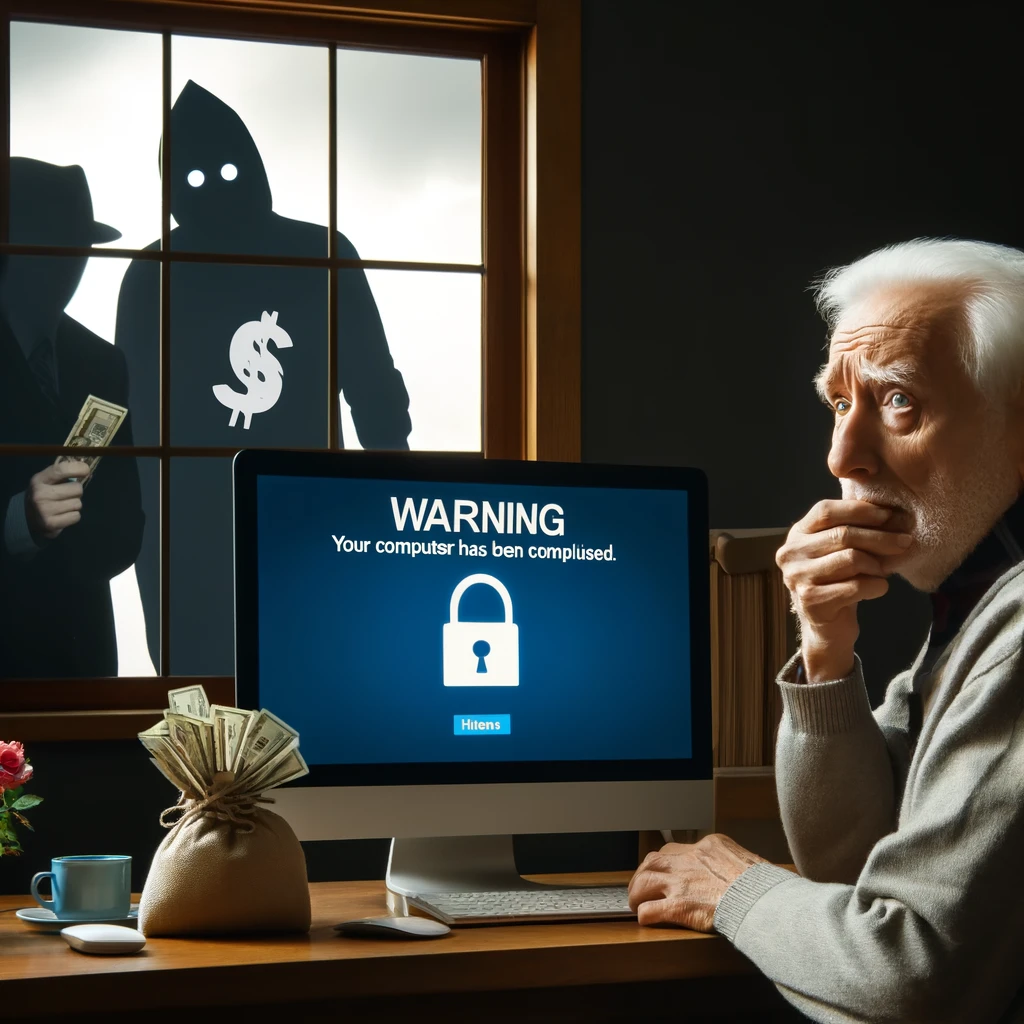 An elderly man looking worried while sitting in front of his computer, with two shadowy figures representing the scammers in the background.