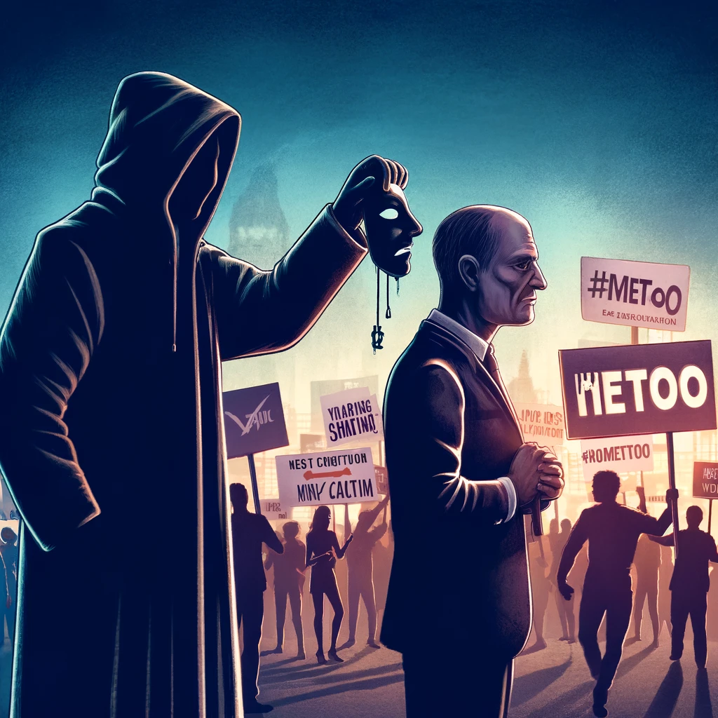 An illustration that depicts a false accusation scam within the context of the #MeToo movement. It shows a shadowy figure holding a mask, symbolizing deceit, set against the backdrop of a genuine #MeToo protest.