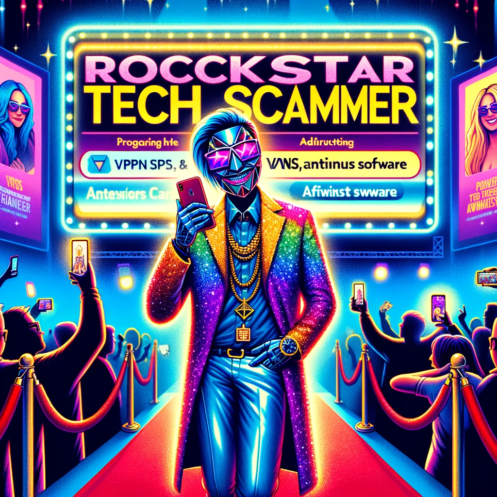 tech scammer as a celebrated celebrity, with a vibrant and glamorous setting.