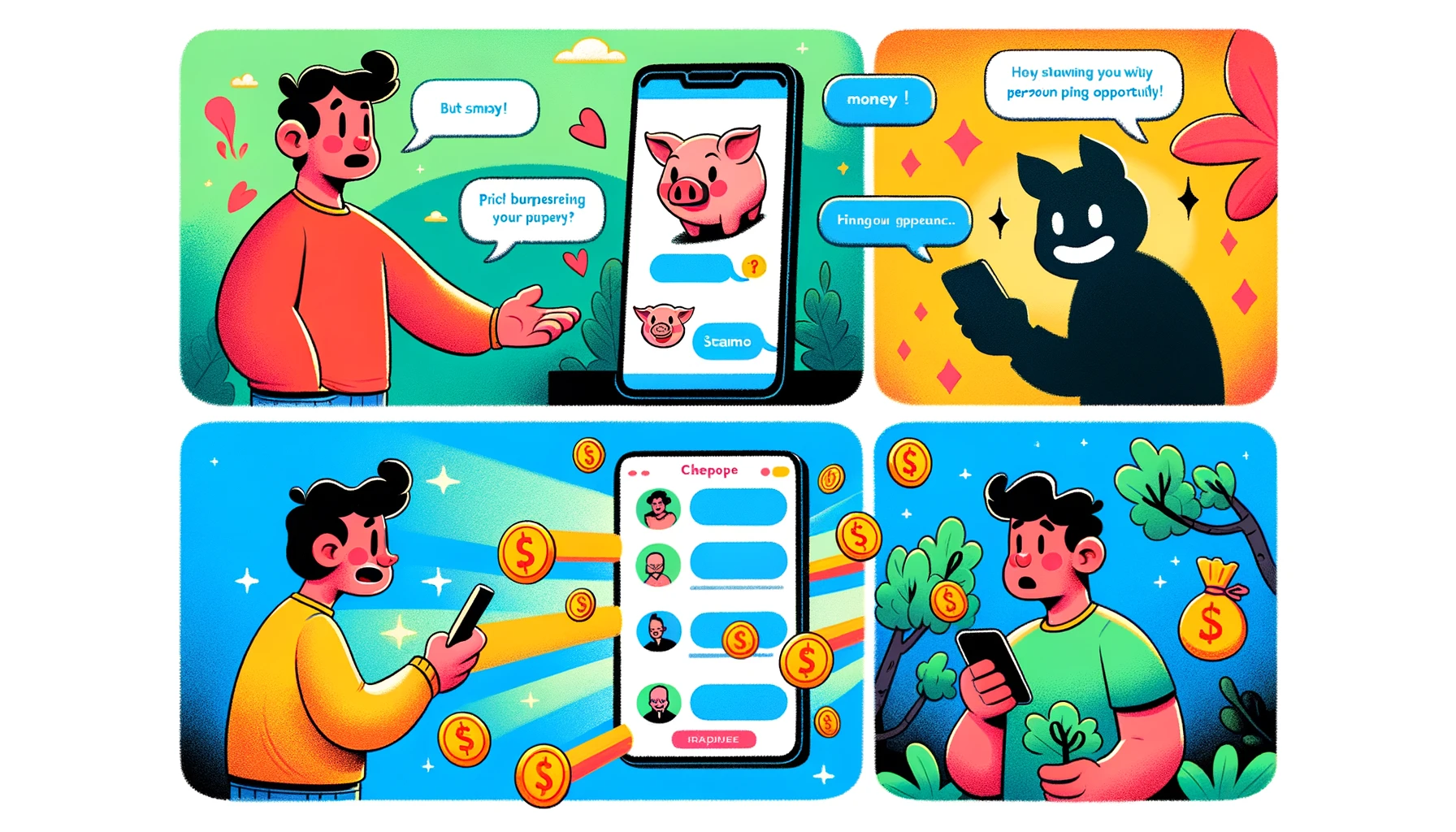 the cartoon series illustrating the stages of a pig butchering scam. Each panel captures a different phase of the scam, from the initial friendly approach to the eventual deceit and loss. This visual narrative can help raise awareness about the tactics used in such scams.
