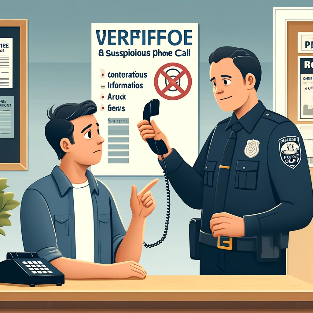 image depicts a concerned citizen verifying a suspicious phone call with a local law enforcement officer in a well-lit police station. The setting includes scam awareness posters and a community notice board, emphasizing safety and vigilance.