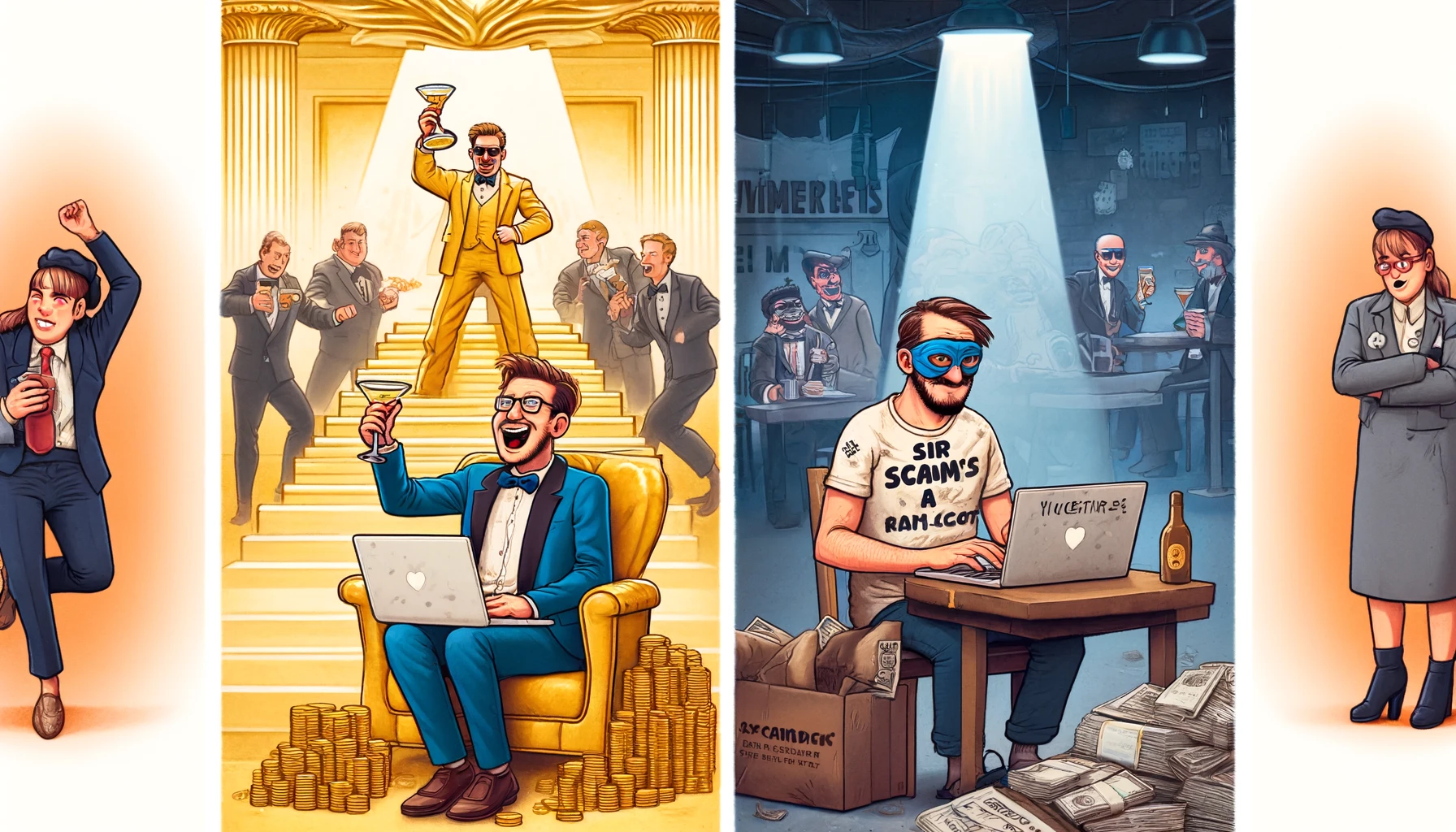 two cartoons depicting the contrast between scammers and scam fighters, as described in the satire. The first shows the lavish lifestyle of the scammers, and the second captures the humble setting of a scam fighter.