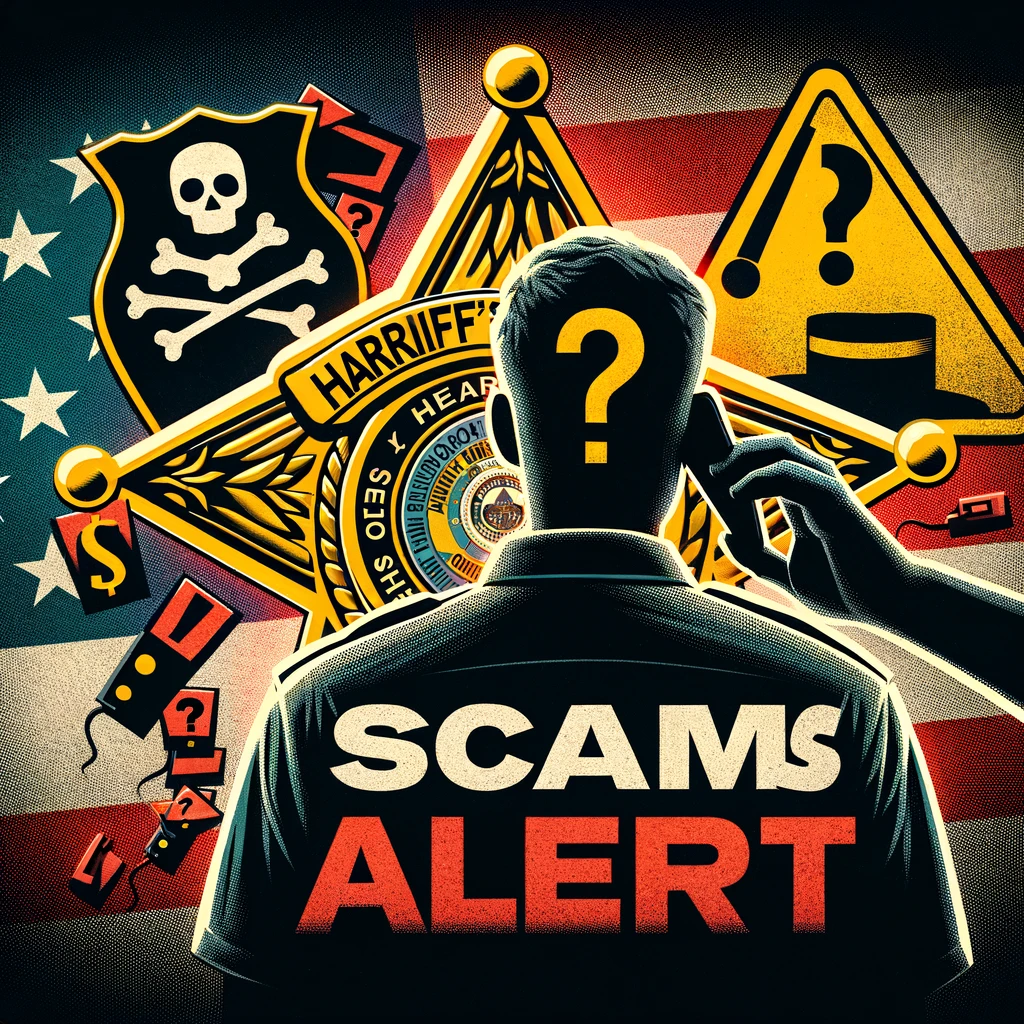 A sheriff's badge with a scam alert sign, emphasizing the official warning against phone scams.
