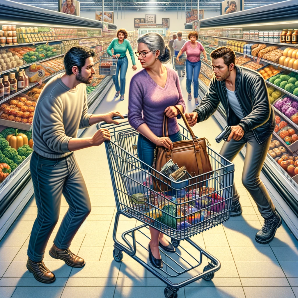 image depicting a distraction theft scenario in a grocery store. The scene illustrates how the theft unfolds with one suspect engaging a woman in conversation while another stealthily steals from her purse.