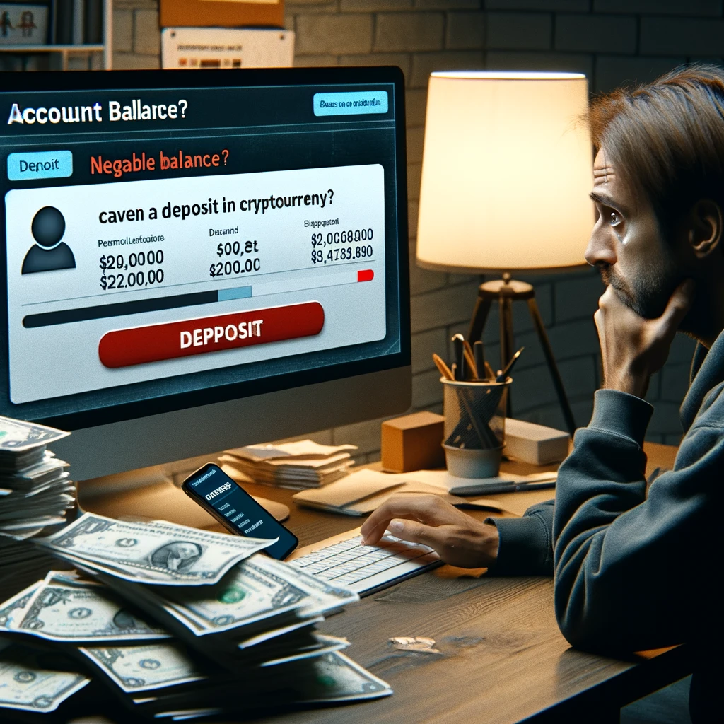 a person sitting at a computer, looking worried as they check their account balance on a fraudulent 'portal' that mimics a legitimate company's branding. The screen shows a negative balance, prompting the person to consider a deposit in cryptocurrency.