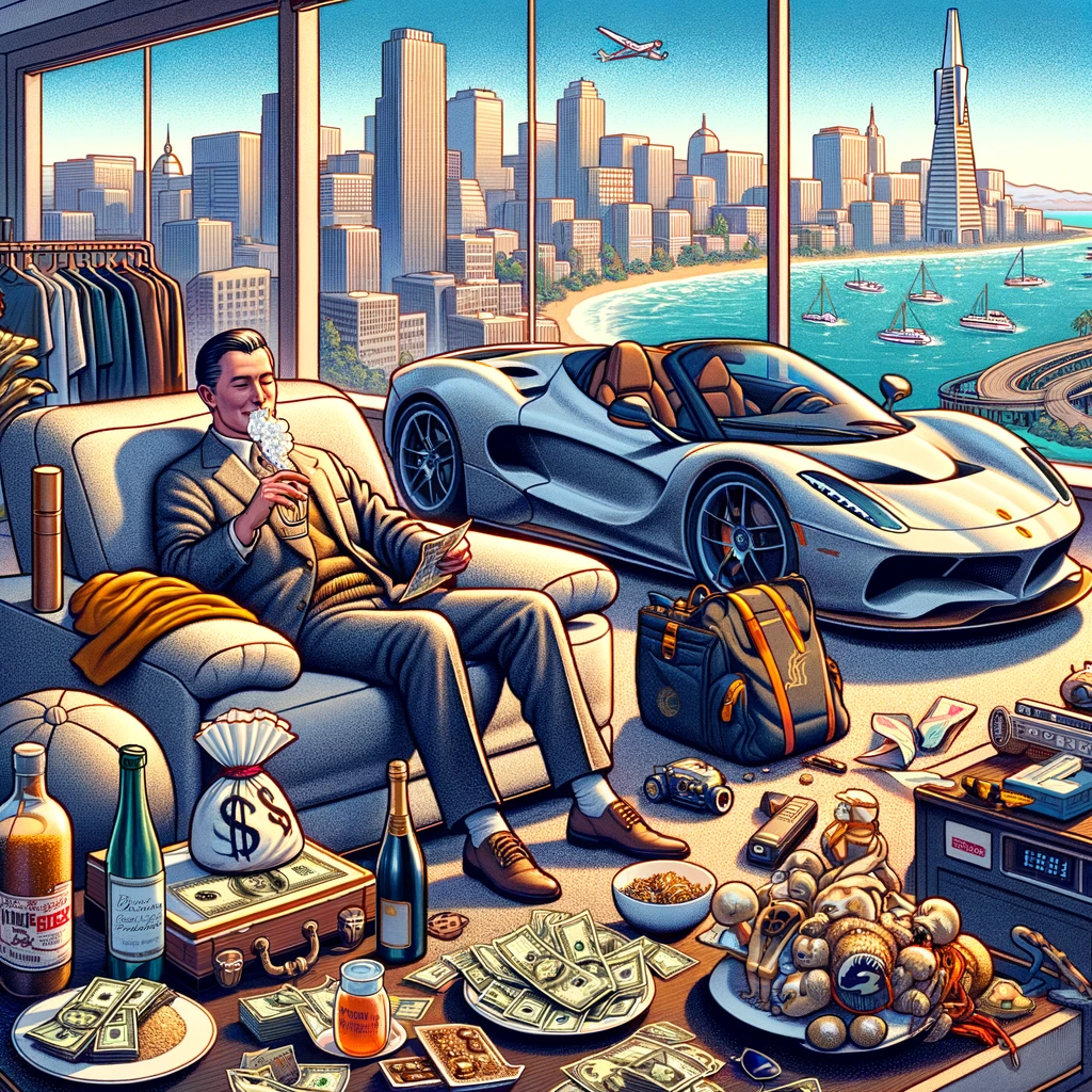 Hill enjoying a lavish lifestyle funded by fraud. He is shown in a luxurious apartment with panoramic views of San Francisco, surrounded by signs of opulence such as a high-end sports car, designer clothing, and expensive gadgets. This scene illustrates the contrast between his fraudulent activities and the extravagant lifestyle they enabled.